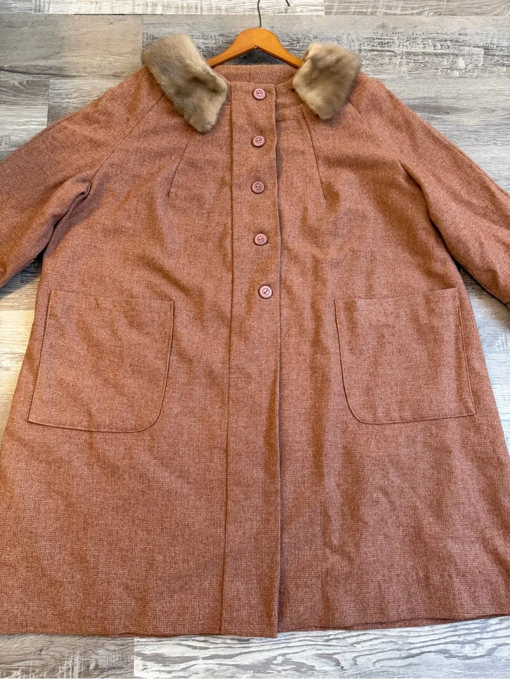 Vintage 60s Pink Swing Coat Genuine Fur Collar Womens XL 1X Mod A Line